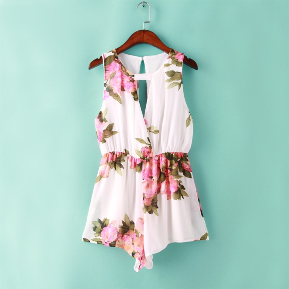 Plunging Keyhole Surplice Neckline White Floral Sleeveless Romper - Picture 2 of 7